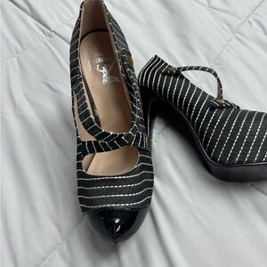 Elegant Black and White Pin-Striped Heels